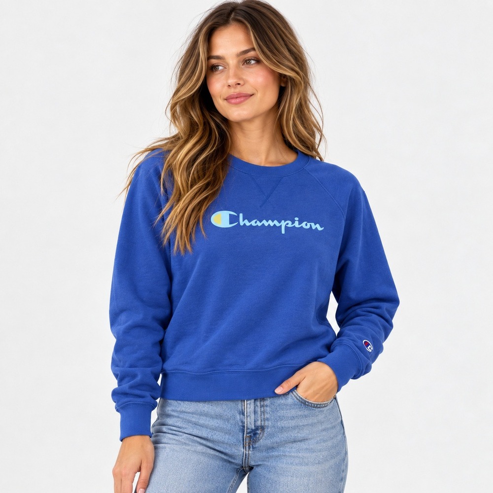 Champion Sweatshirt Womens Medium Blue Crewneck Long Sleeve Logo Pullover Sporty
